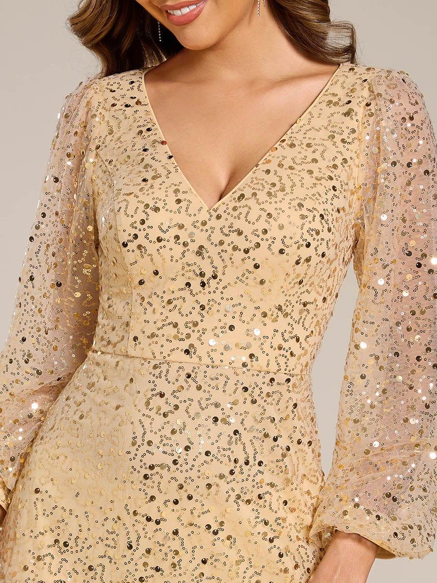 ever RAYVEN|V-Neck Lantern Long Sleeve Sequin A-Line Evening Dress