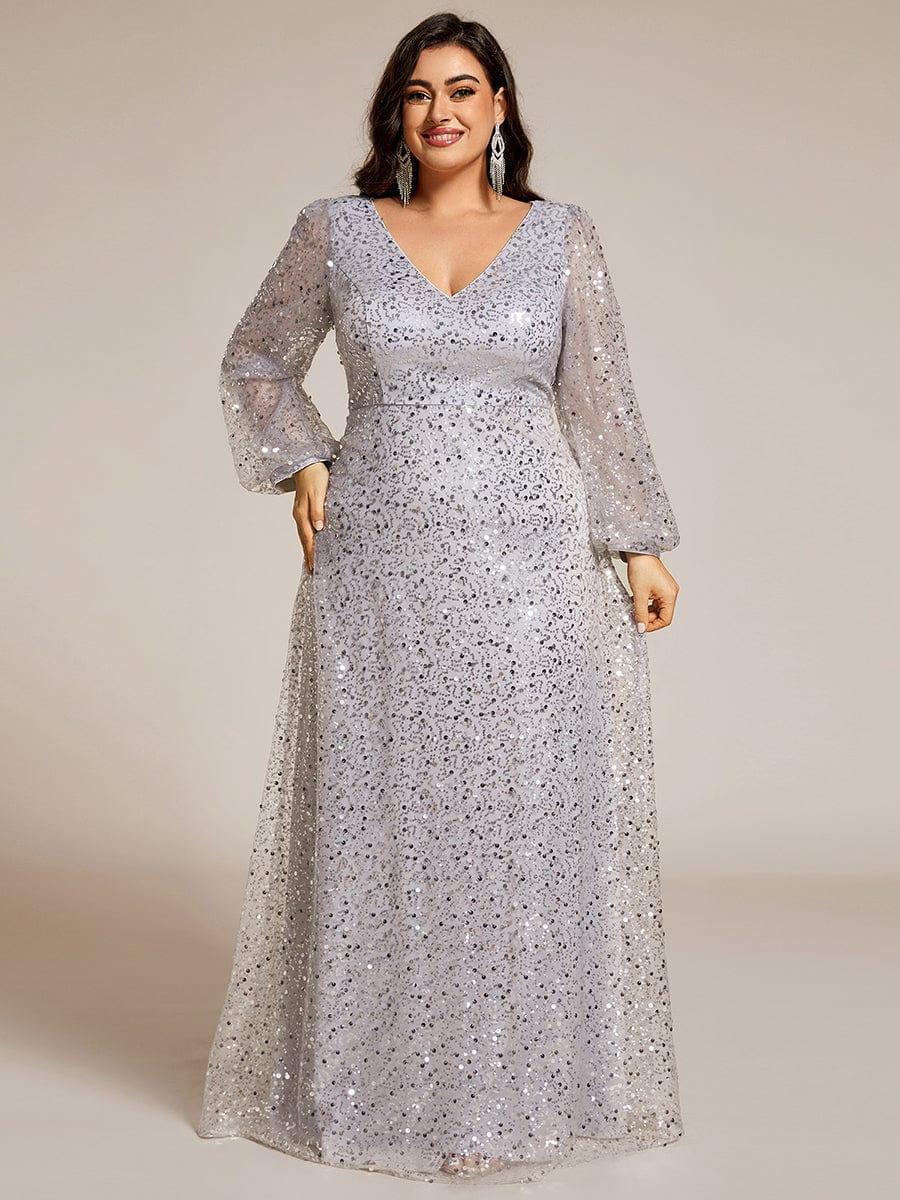 ever RAYVEN|V-Neck Lantern Long Sleeve Sequin A-Line Evening Dress