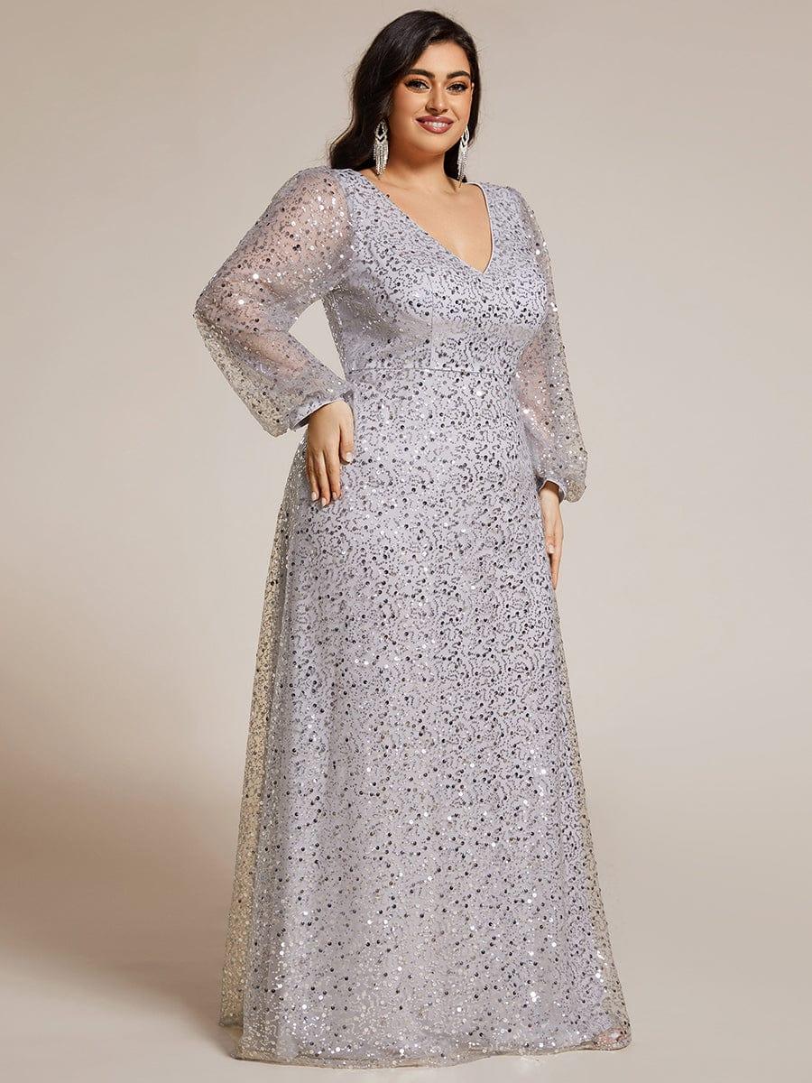 ever RAYVEN|V-Neck Lantern Long Sleeve Sequin A-Line Evening Dress
