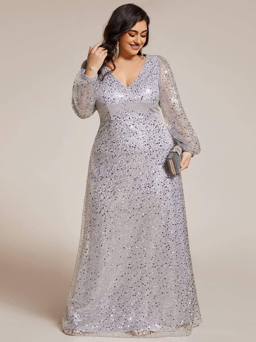 ever RAYVEN|V-Neck Lantern Long Sleeve Sequin A-Line Evening Dress
