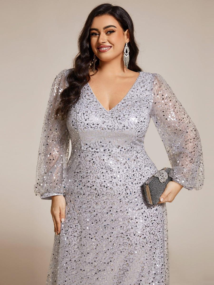 ever RAYVEN|V-Neck Lantern Long Sleeve Sequin A-Line Evening Dress