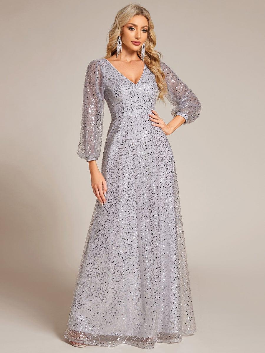 ever RAYVEN|V-Neck Lantern Long Sleeve Sequin A-Line Evening Dress