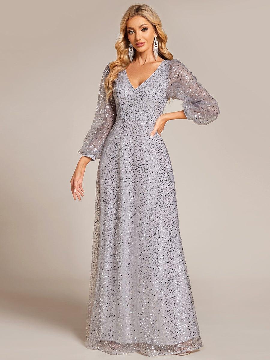 ever RAYVEN|V-Neck Lantern Long Sleeve Sequin A-Line Evening Dress