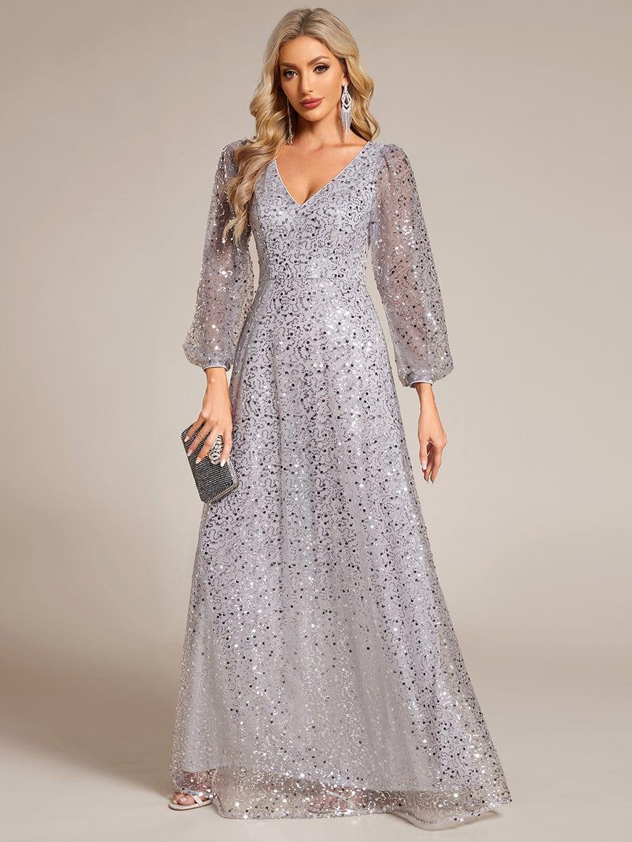 ever RAYVEN|V-Neck Lantern Long Sleeve Sequin A-Line Evening Dress