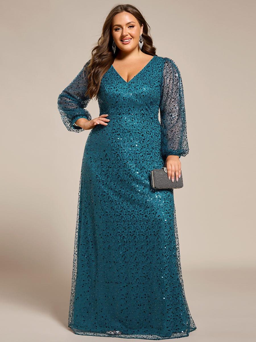 ever RAYVEN|V-Neck Lantern Long Sleeve Sequin A-Line Evening Dress