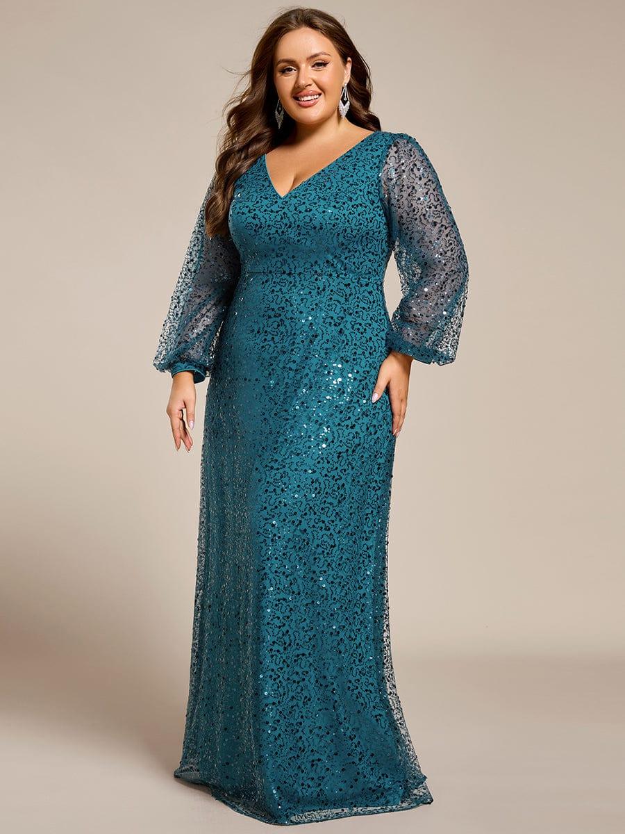 ever RAYVEN|V-Neck Lantern Long Sleeve Sequin A-Line Evening Dress