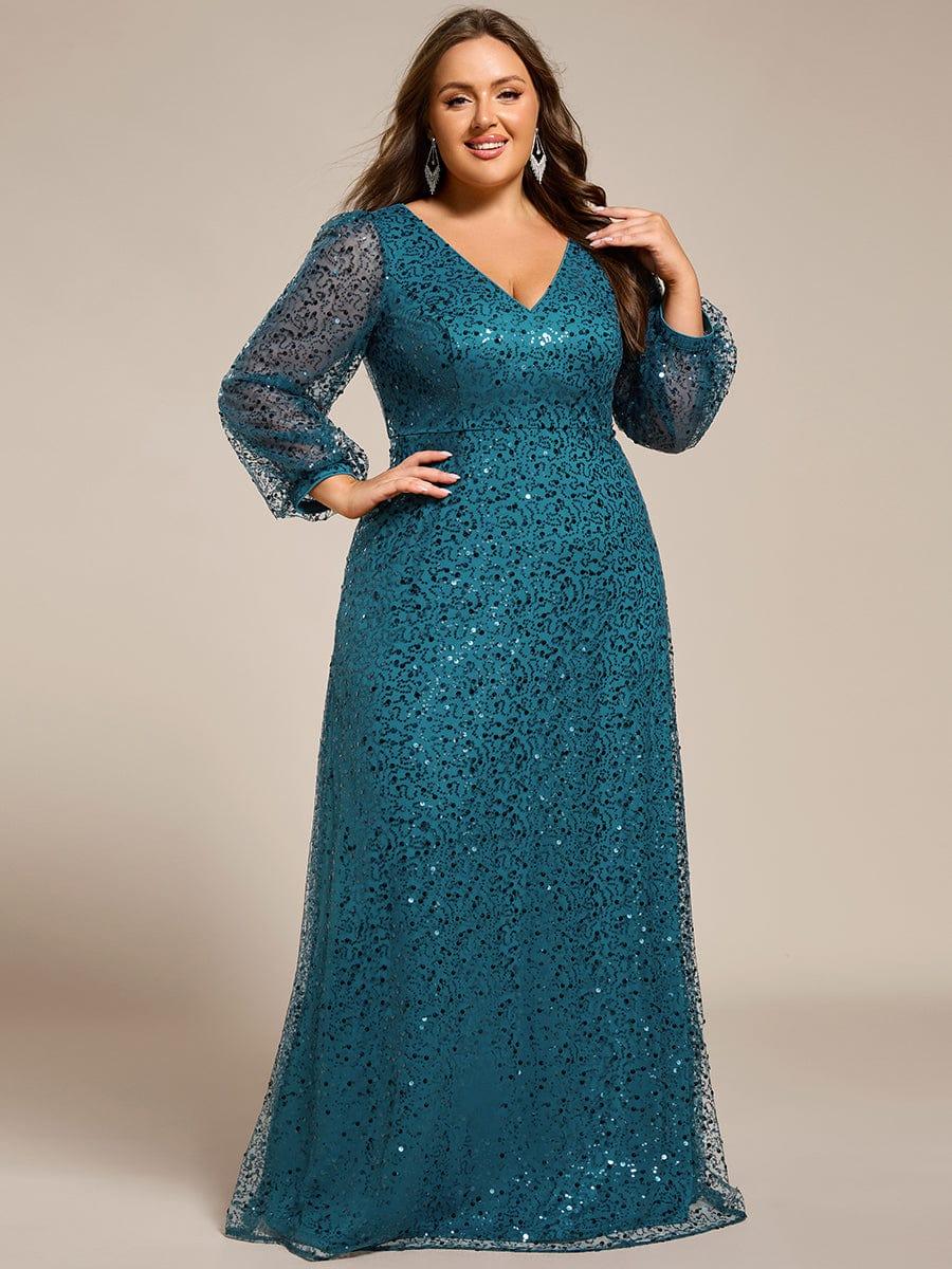 ever RAYVEN|V-Neck Lantern Long Sleeve Sequin A-Line Evening Dress