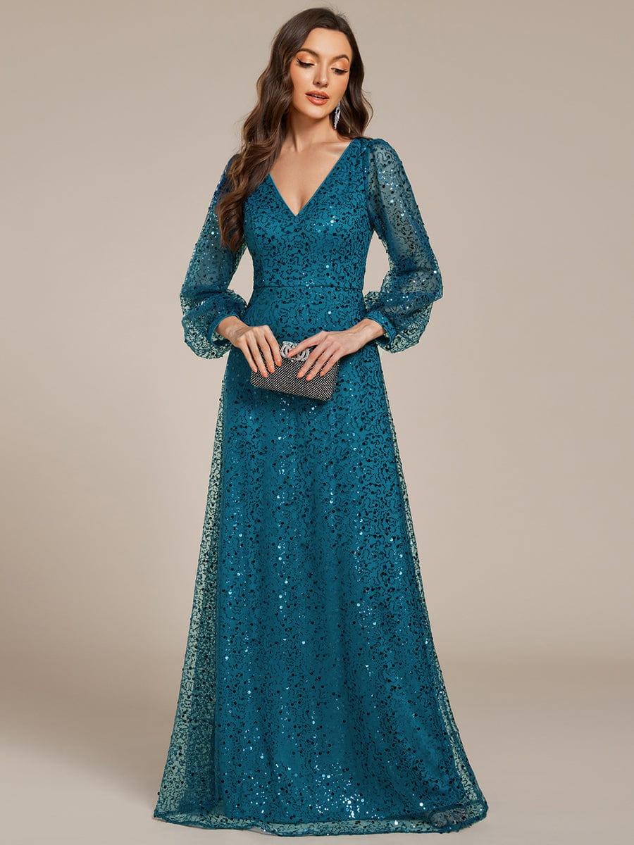 ever RAYVEN|V-Neck Lantern Long Sleeve Sequin A-Line Evening Dress