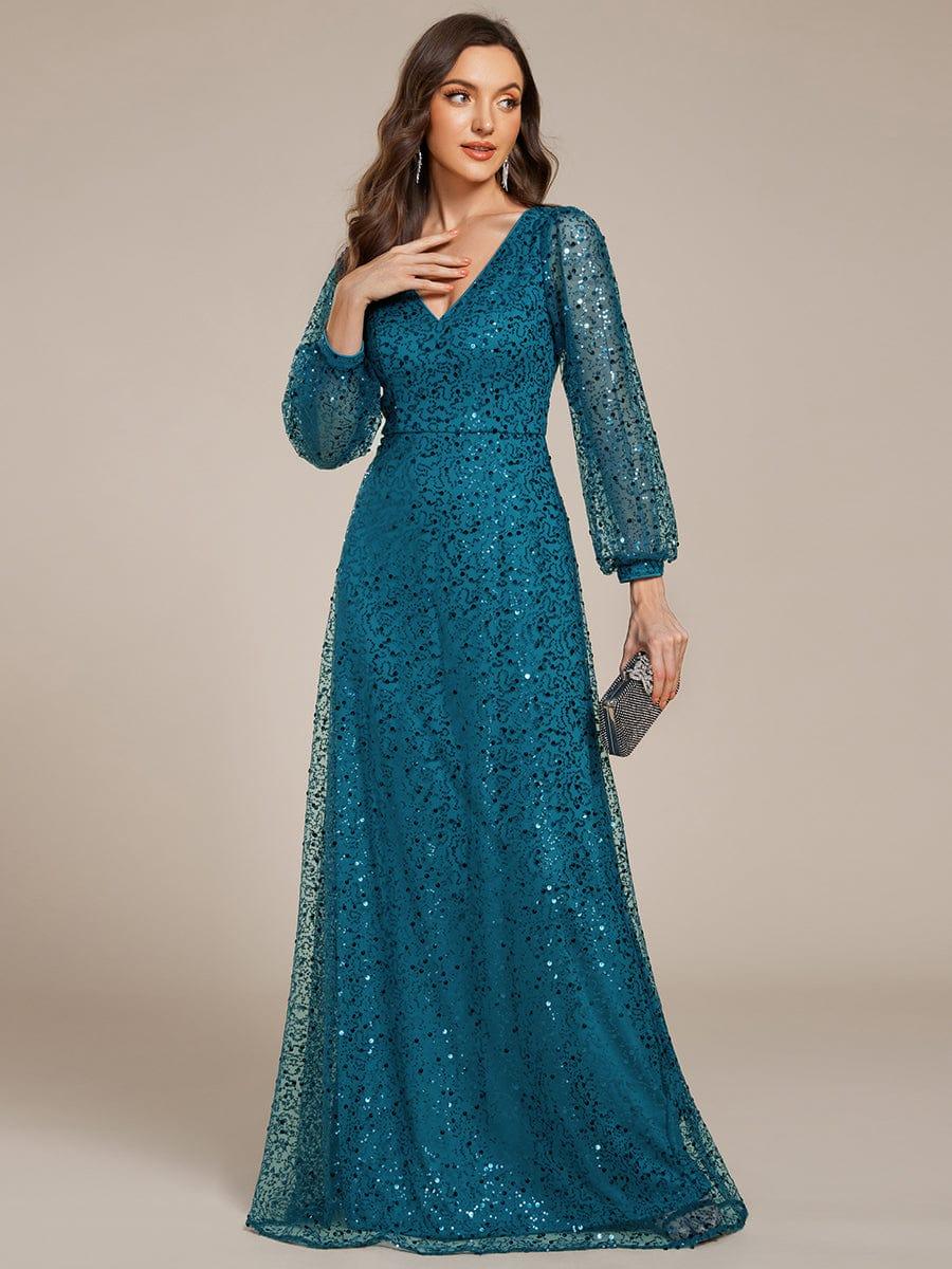 ever RAYVEN|V-Neck Lantern Long Sleeve Sequin A-Line Evening Dress