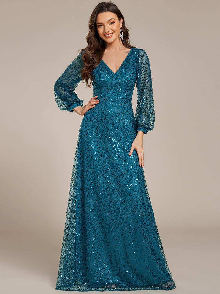 ever RAYVEN|V-Neck Lantern Long Sleeve Sequin A-Line Evening Dress