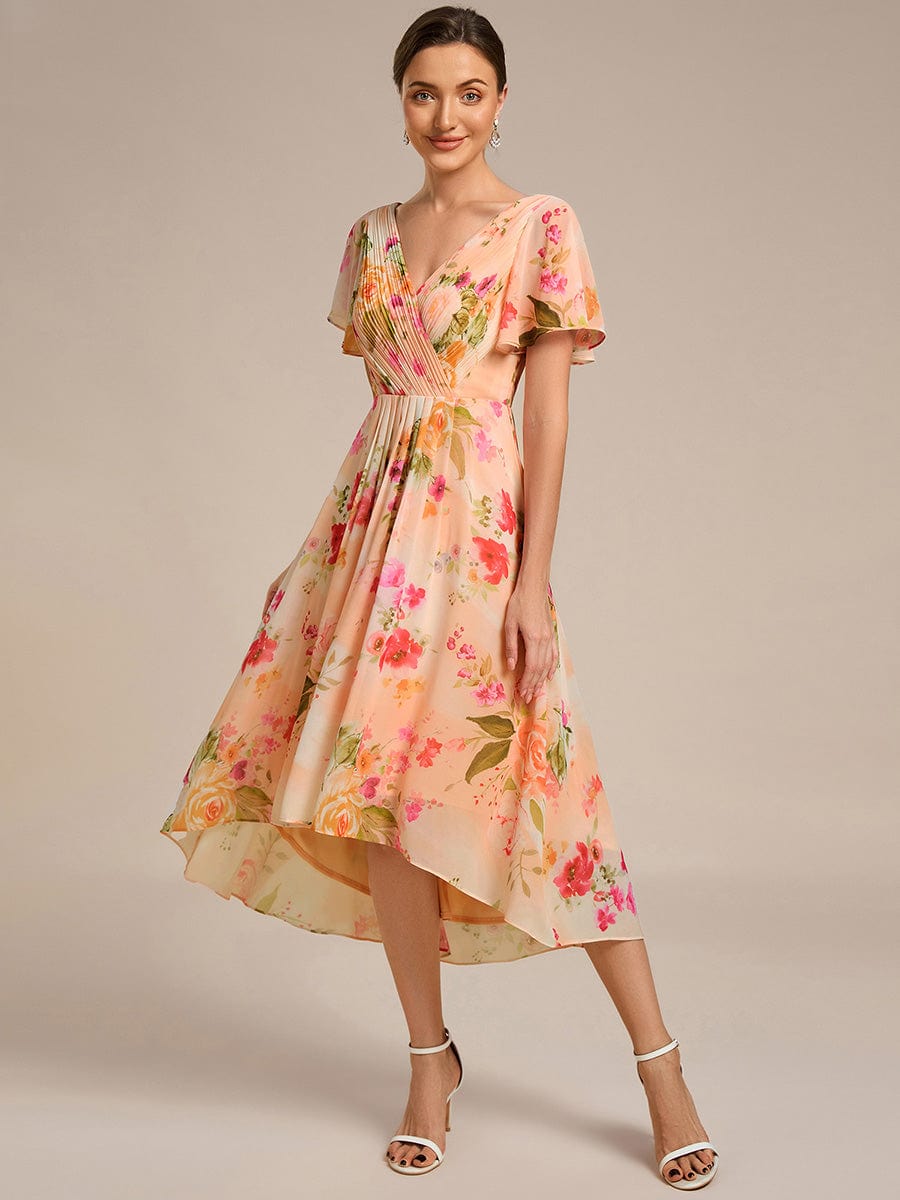 ever FAYE|Chic V Neck High-Low Short Sleeve Wedding Guest Dress