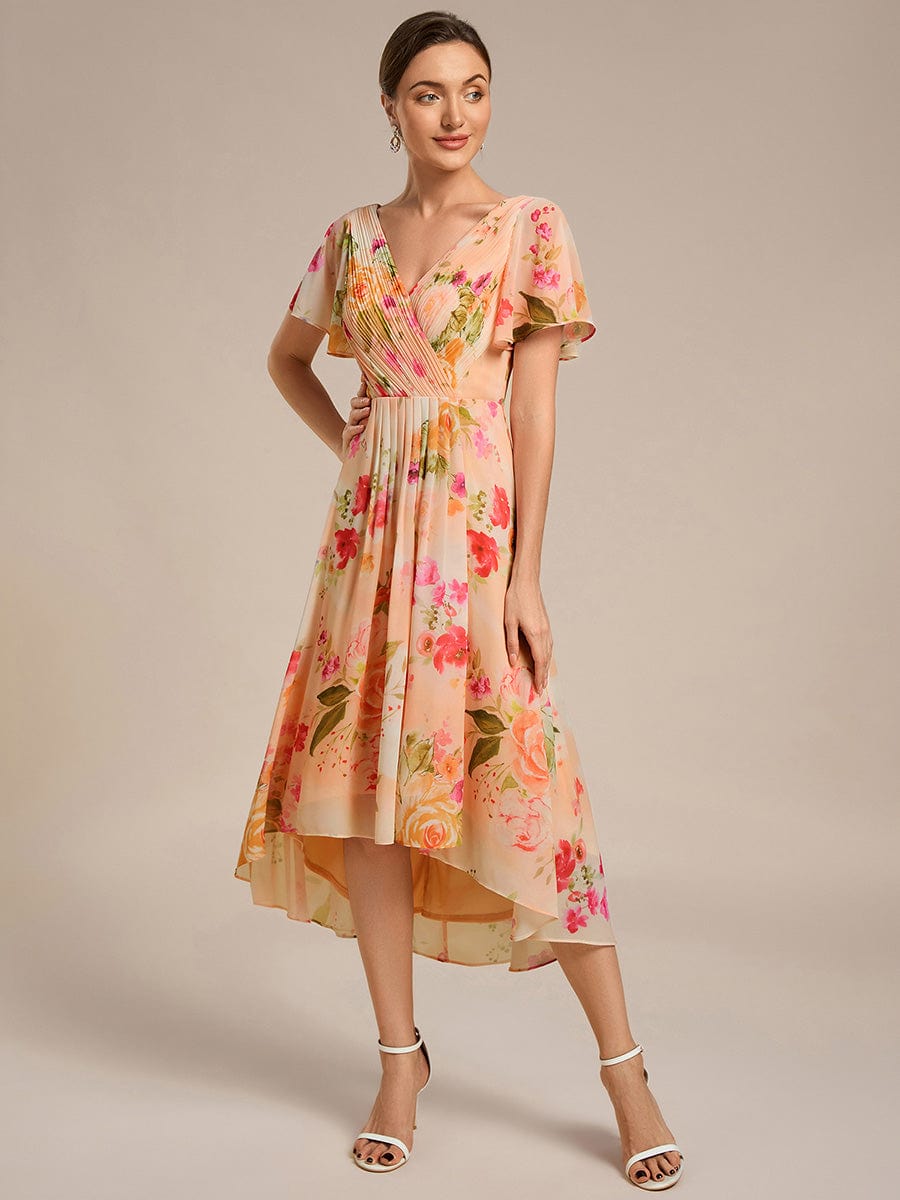 ever FAYE|Chic V Neck High-Low Short Sleeve Wedding Guest Dress