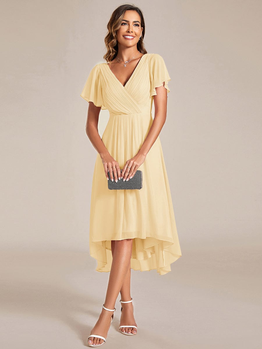ever FAYE|Chic V Neck High-Low Short Sleeve Wedding Guest Dress
