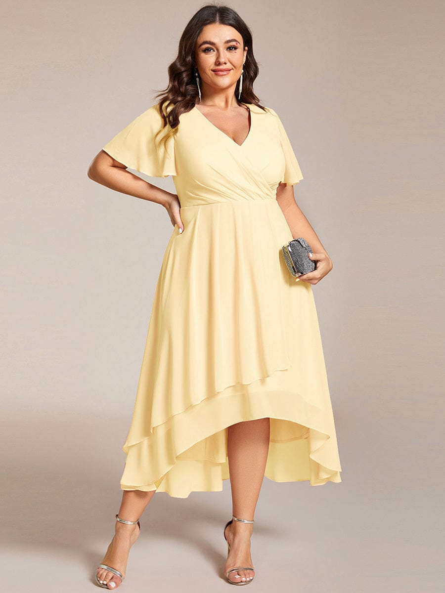 pretty LARK|Plus Size Chiffon Short Sleeve High-Low Wedding Guest Dress