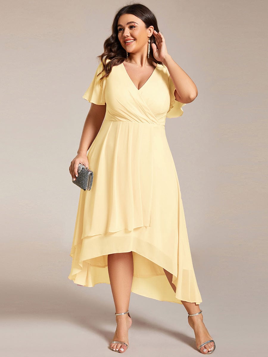 pretty LARK|Plus Size Chiffon Short Sleeve High-Low Wedding Guest Dress