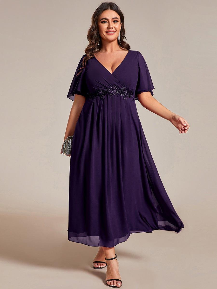 ever DAHLIA|V-Neck Chiffon Midi Wedding Guest Dress with Waist Applique(Final Sale)