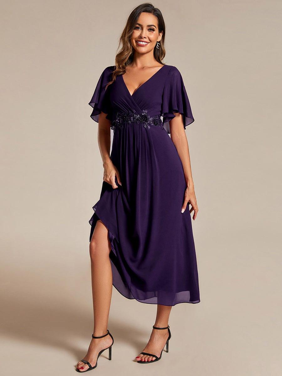 ever DAHLIA|V-Neck Chiffon Midi Wedding Guest Dress with Waist Applique(Final Sale)