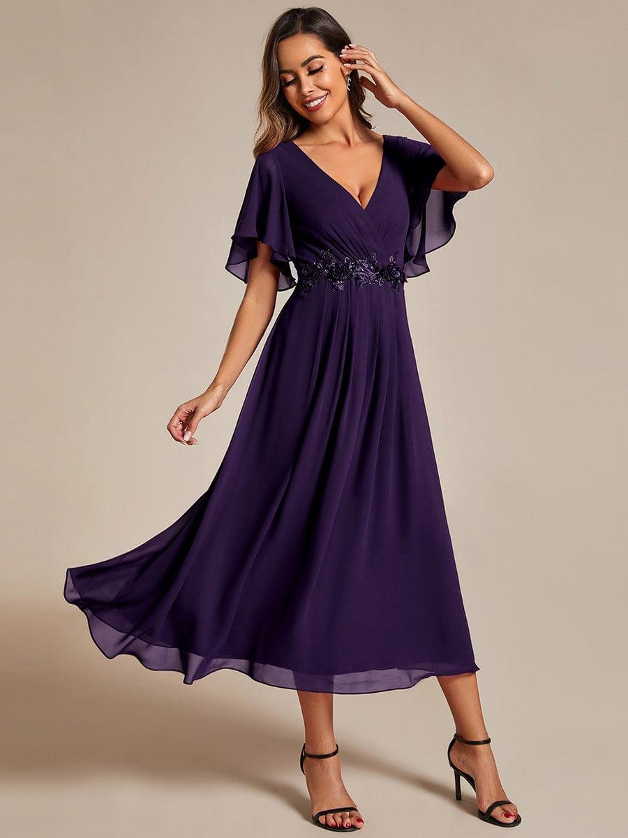 ever DAHLIA|V-Neck Chiffon Midi Wedding Guest Dress with Waist Applique(Final Sale)