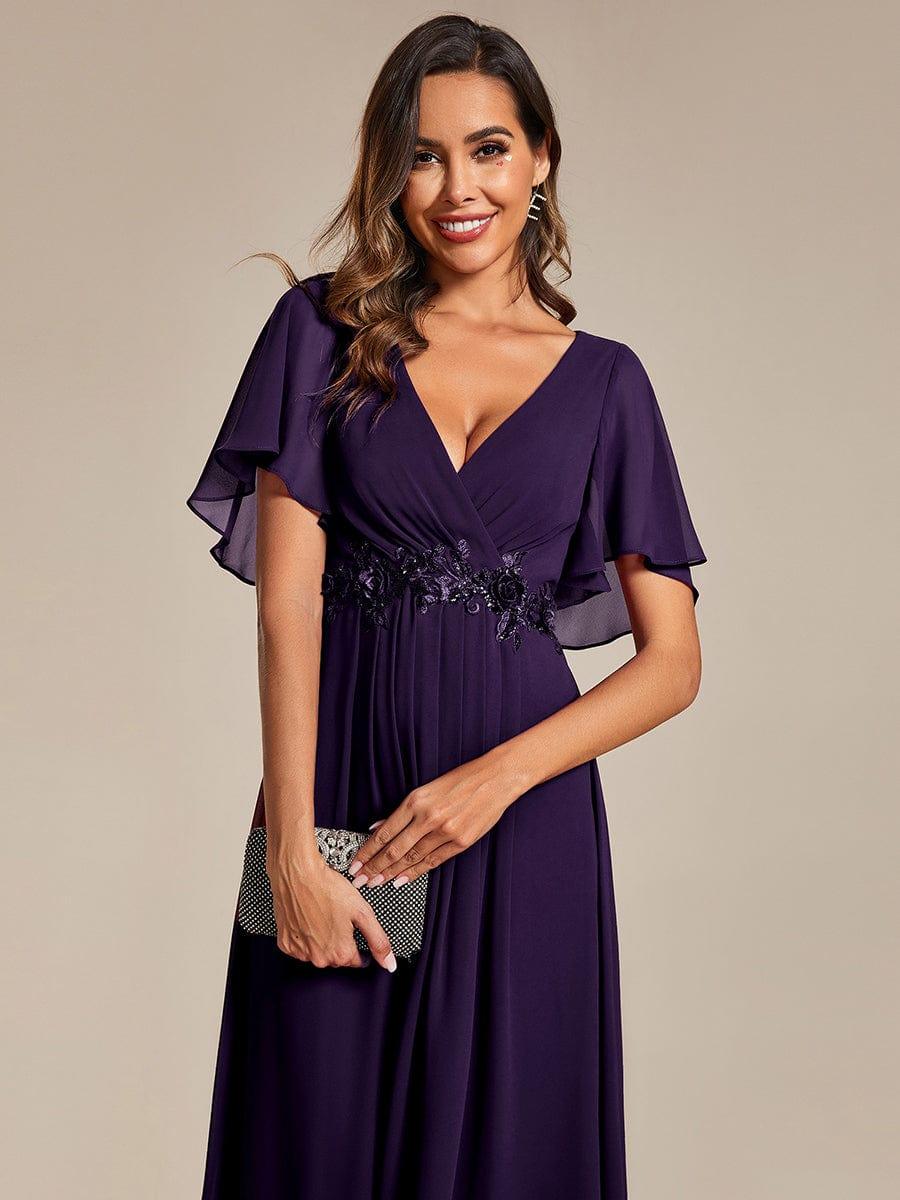 ever DAHLIA|V-Neck Chiffon Midi Wedding Guest Dress with Waist Applique(Final Sale)