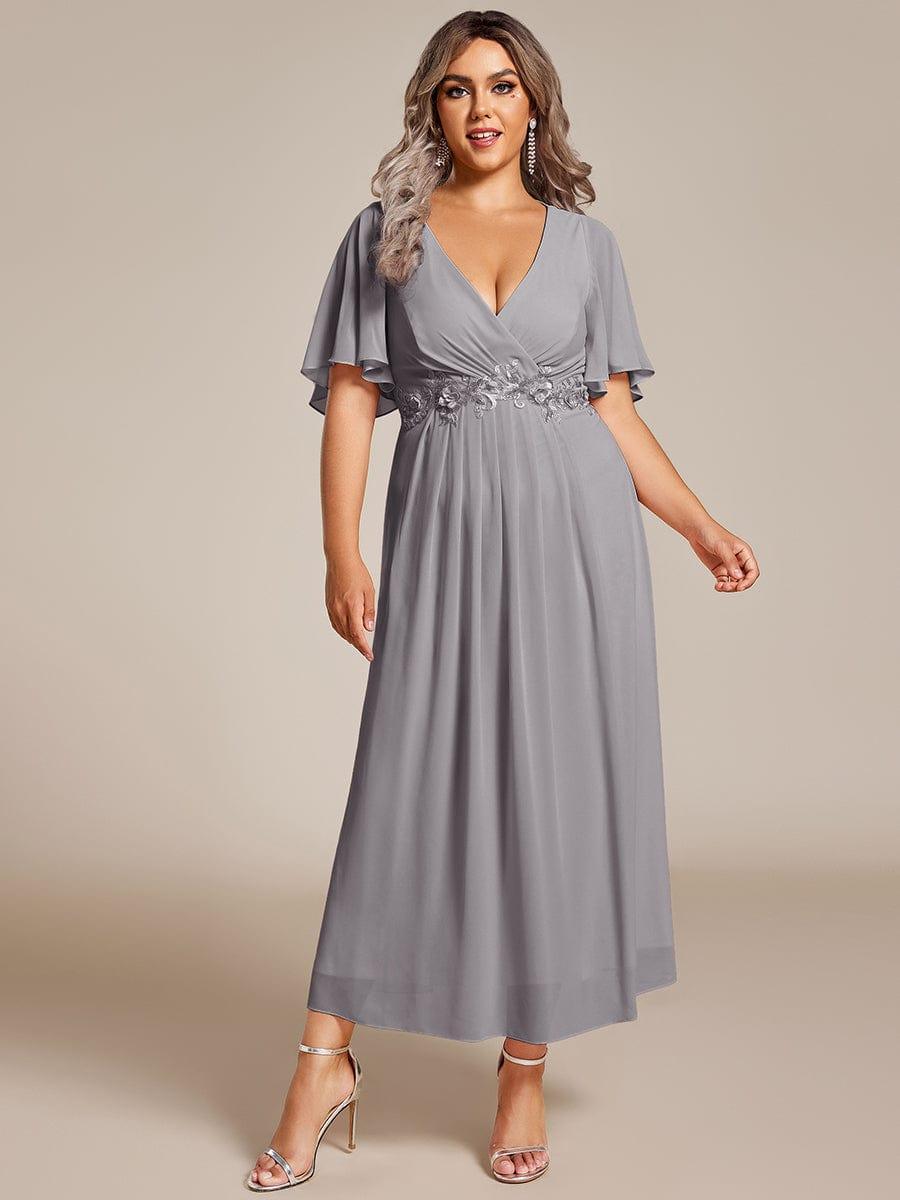ever DAHLIA|V-Neck Chiffon Midi Wedding Guest Dress with Waist Applique(Final Sale)