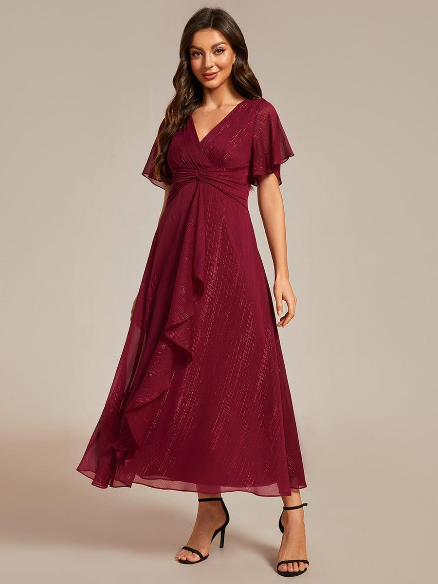 ever OPAHL|Glitter Short Sleeve A-Line Midi Wedding Guest Dress with Ruffled Hem