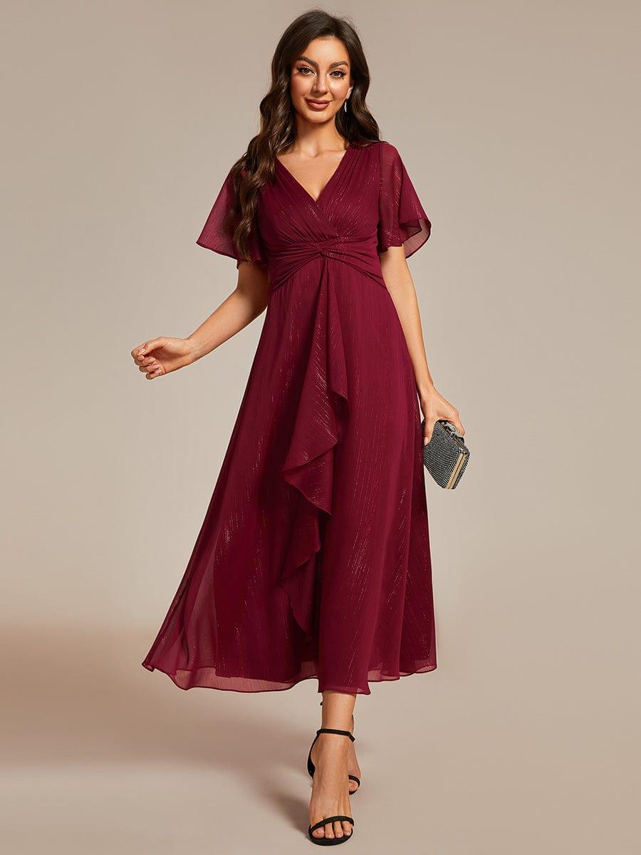 ever OPAHL|Glitter Short Sleeve A-Line Midi Wedding Guest Dress with Ruffled Hem