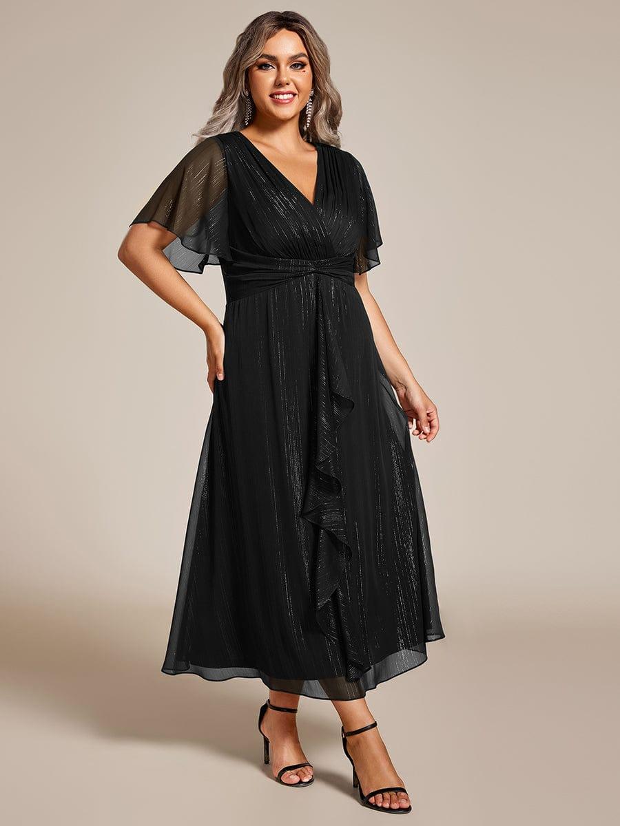 ever EMBER|Shimmering Long Sleeve V-Neck Chiffon Twist Knot A-Line Evening Dress