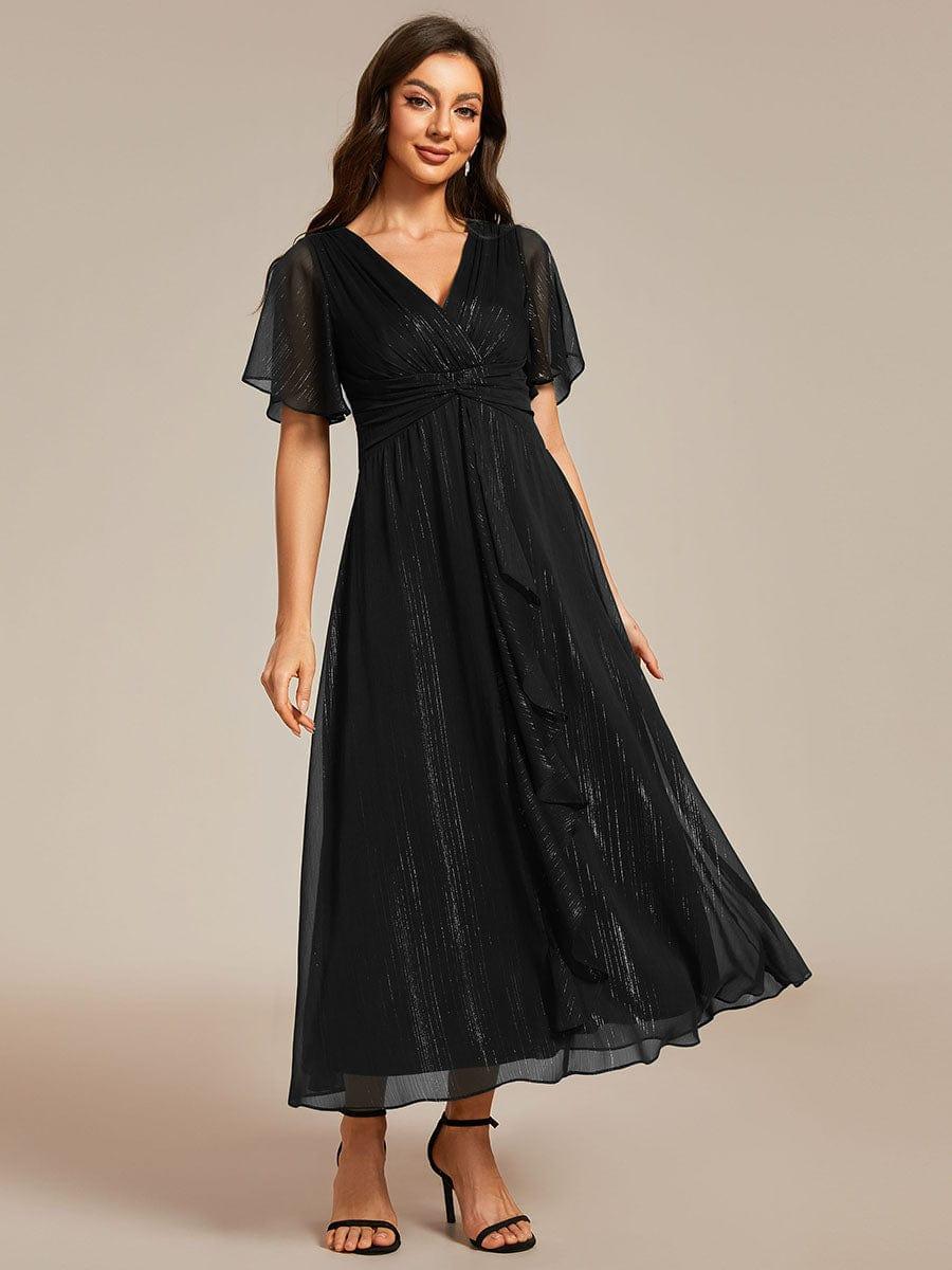 ever EMBER|Shimmering Long Sleeve V-Neck Chiffon Twist Knot A-Line Evening Dress