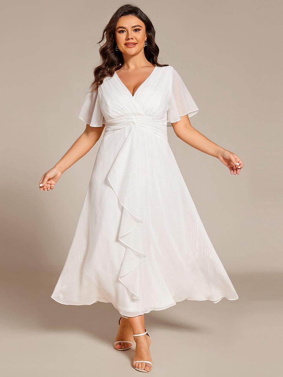 ever OPAHL|Glitter Short Sleeve A-Line Midi Wedding Guest Dress with Ruffled Hem