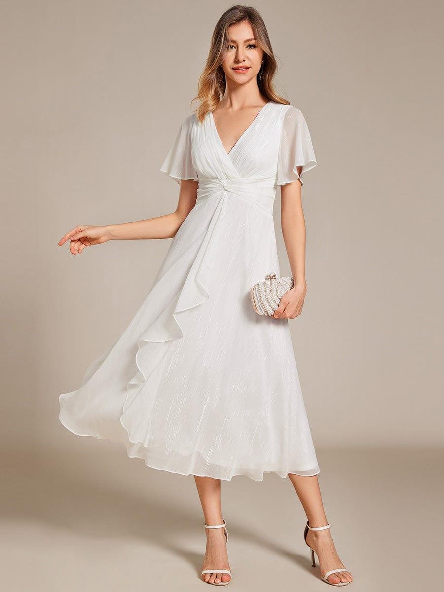 ever OPAHL|Glitter Short Sleeve A-Line Midi Wedding Guest Dress with Ruffled Hem