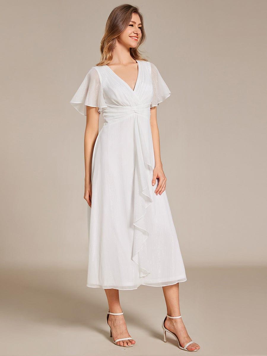 ever OPAHL|Glitter Short Sleeve A-Line Midi Wedding Guest Dress with Ruffled Hem