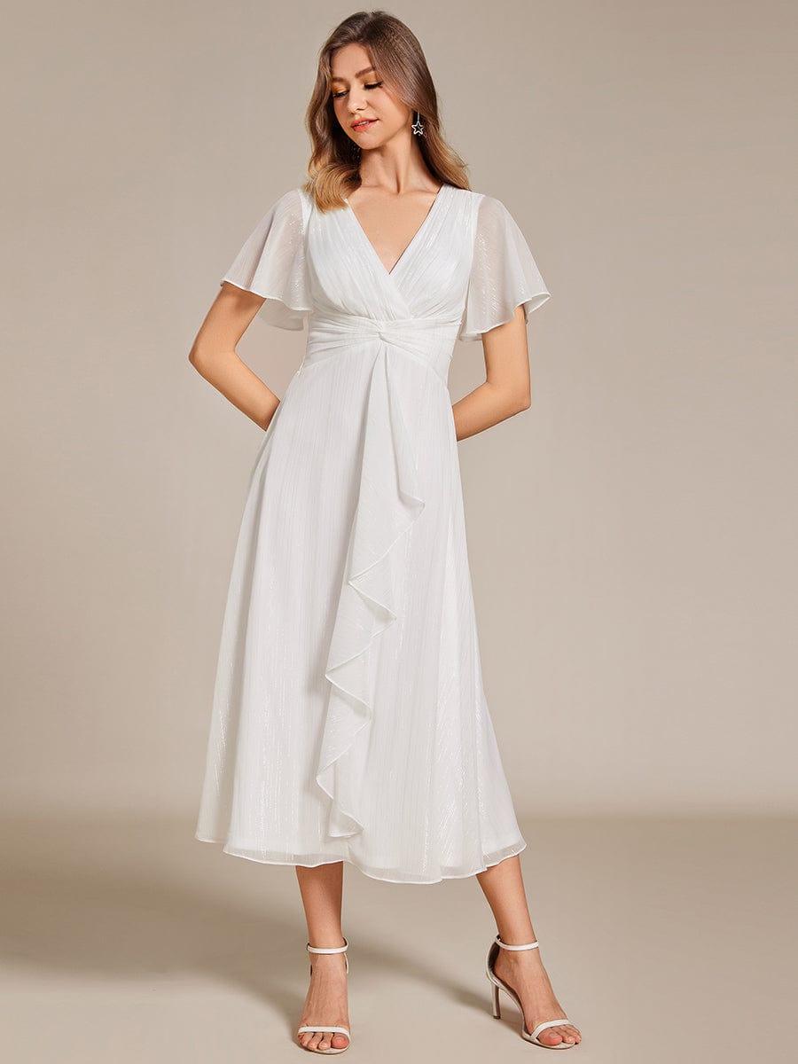 ever OPAHL|Glitter Short Sleeve A-Line Midi Wedding Guest Dress with Ruffled Hem