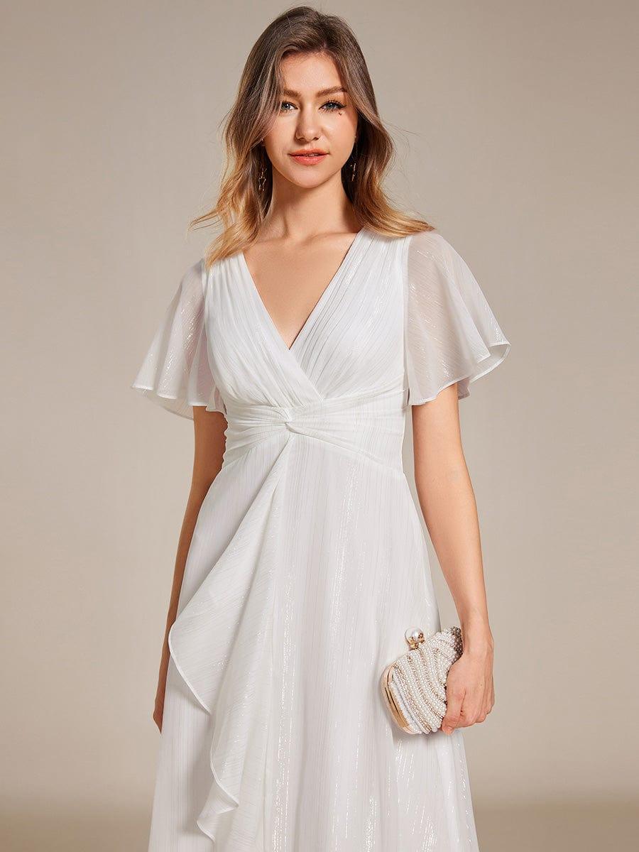 ever OPAHL|Glitter Short Sleeve A-Line Midi Wedding Guest Dress with Ruffled Hem