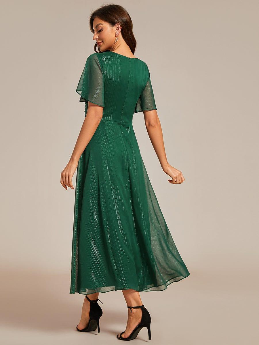 ever EMBER|Shimmering Long Sleeve V-Neck Chiffon Twist Knot A-Line Evening Dress
