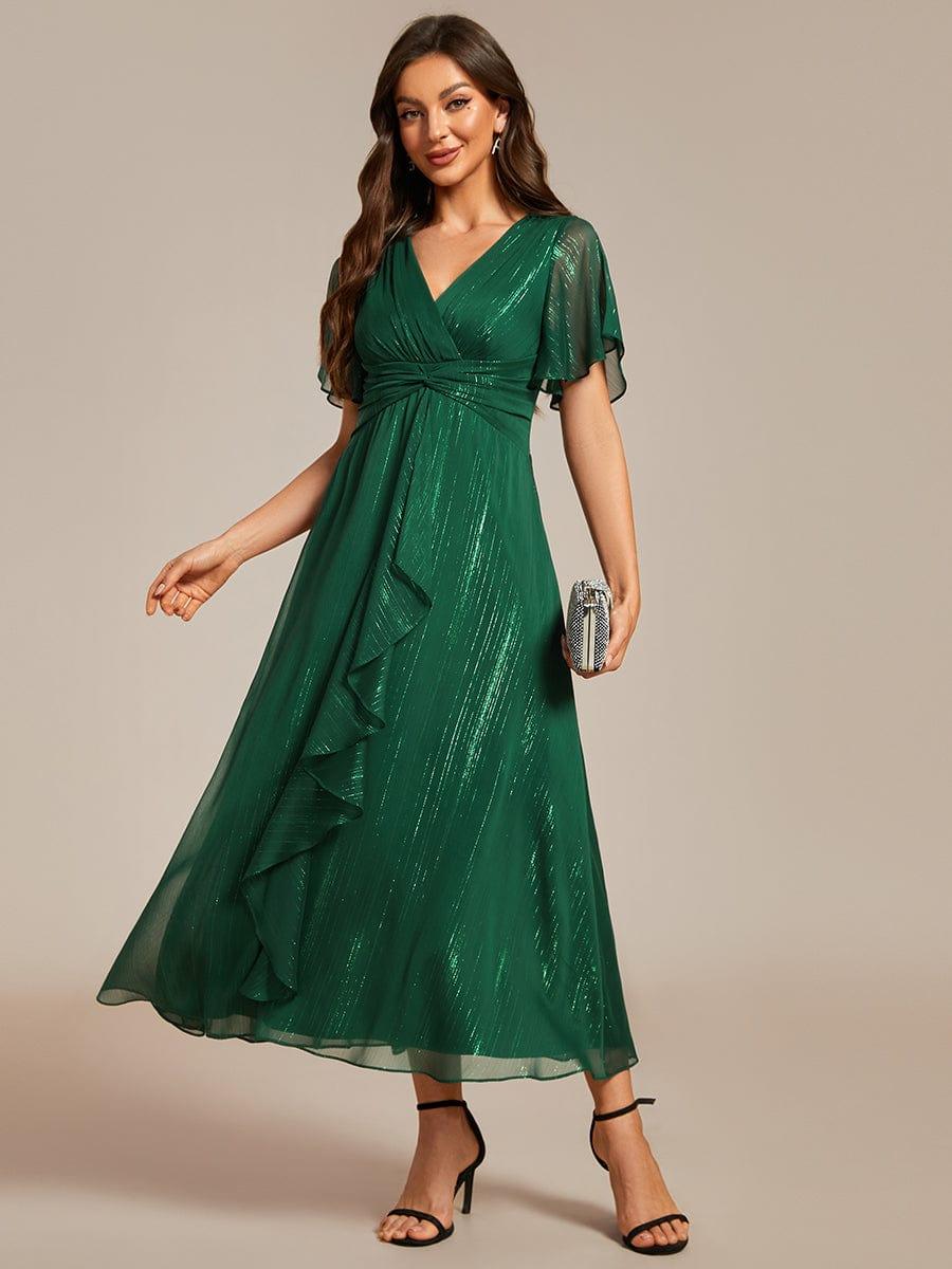 ever EMBER|Shimmering Long Sleeve V-Neck Chiffon Twist Knot A-Line Evening Dress