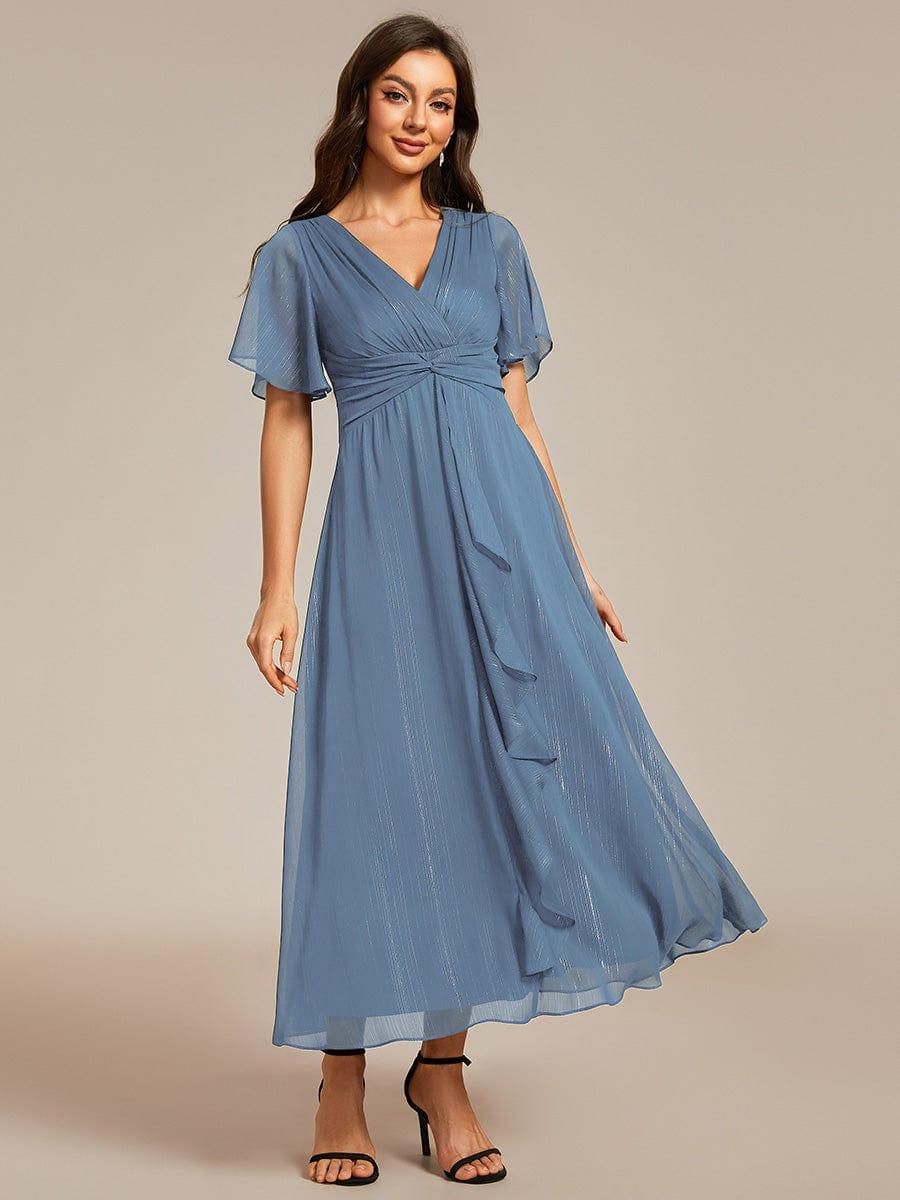 ever OPAHL|Glitter Short Sleeve A-Line Midi Wedding Guest Dress with Ruffled Hem