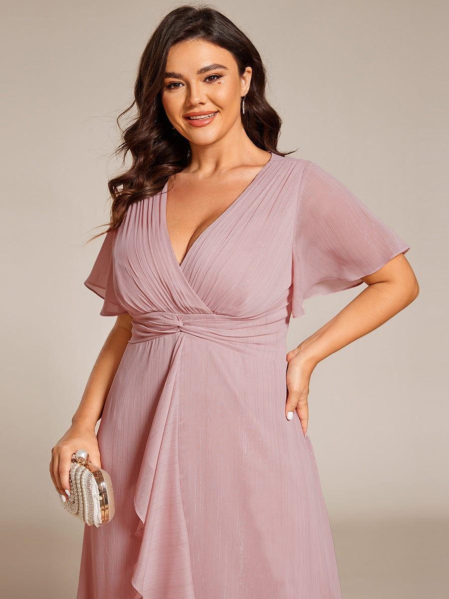 ever EMBER|Shimmering Long Sleeve V-Neck Chiffon Twist Knot A-Line Evening Dress