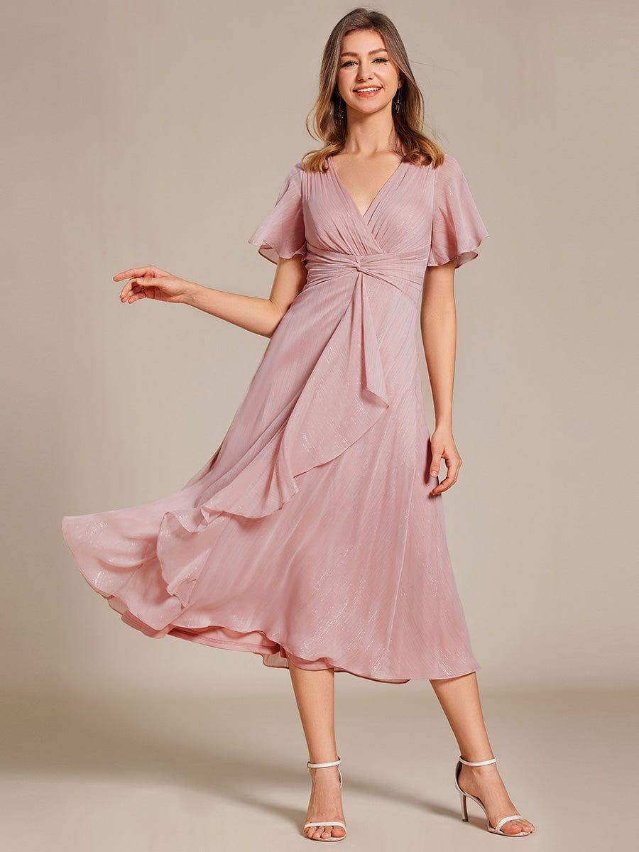 ever EMBER|Shimmering Long Sleeve V-Neck Chiffon Twist Knot A-Line Evening Dress