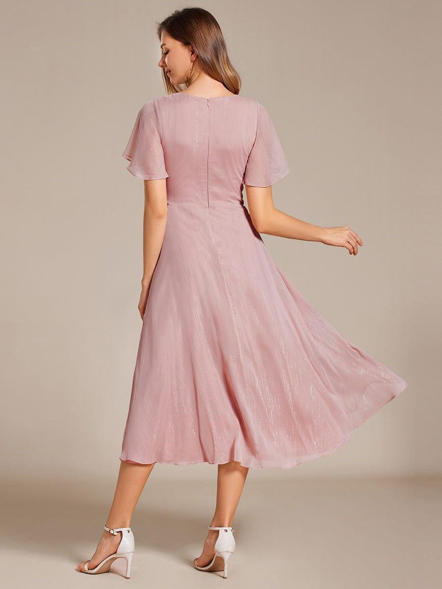 ever OPAHL|Glitter Short Sleeve A-Line Midi Wedding Guest Dress with Ruffled Hem