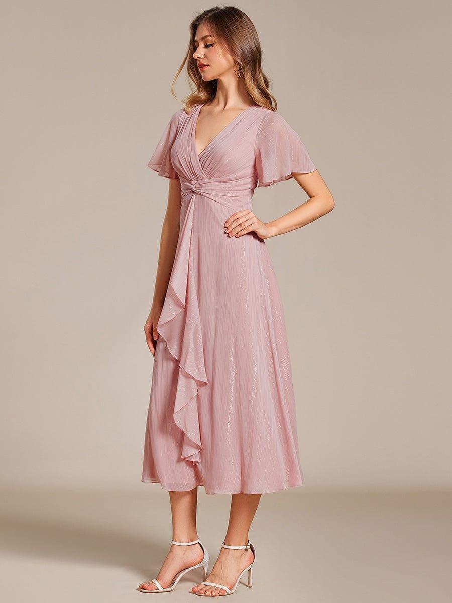 ever OPAHL|Glitter Short Sleeve A-Line Midi Wedding Guest Dress with Ruffled Hem