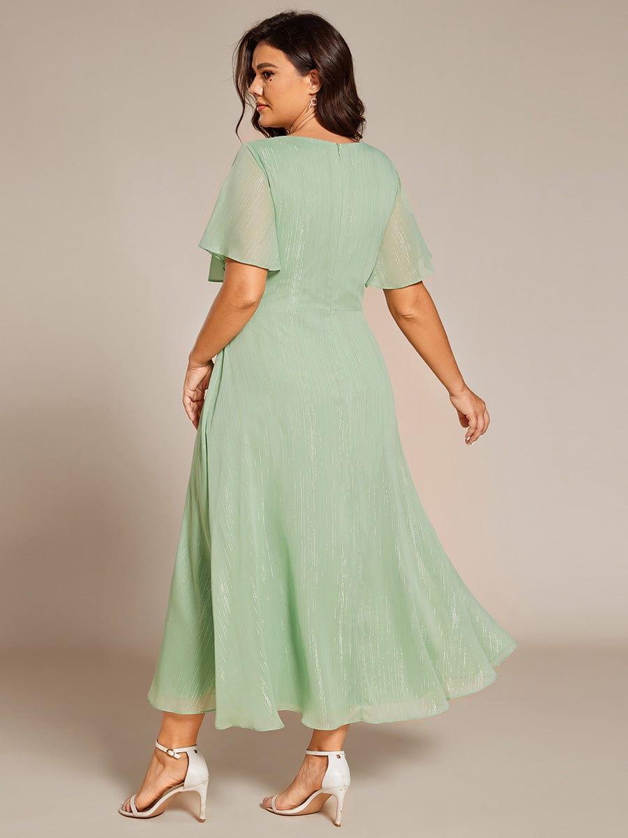 ever OPAHL|Glitter Short Sleeve A-Line Midi Wedding Guest Dress with Ruffled Hem