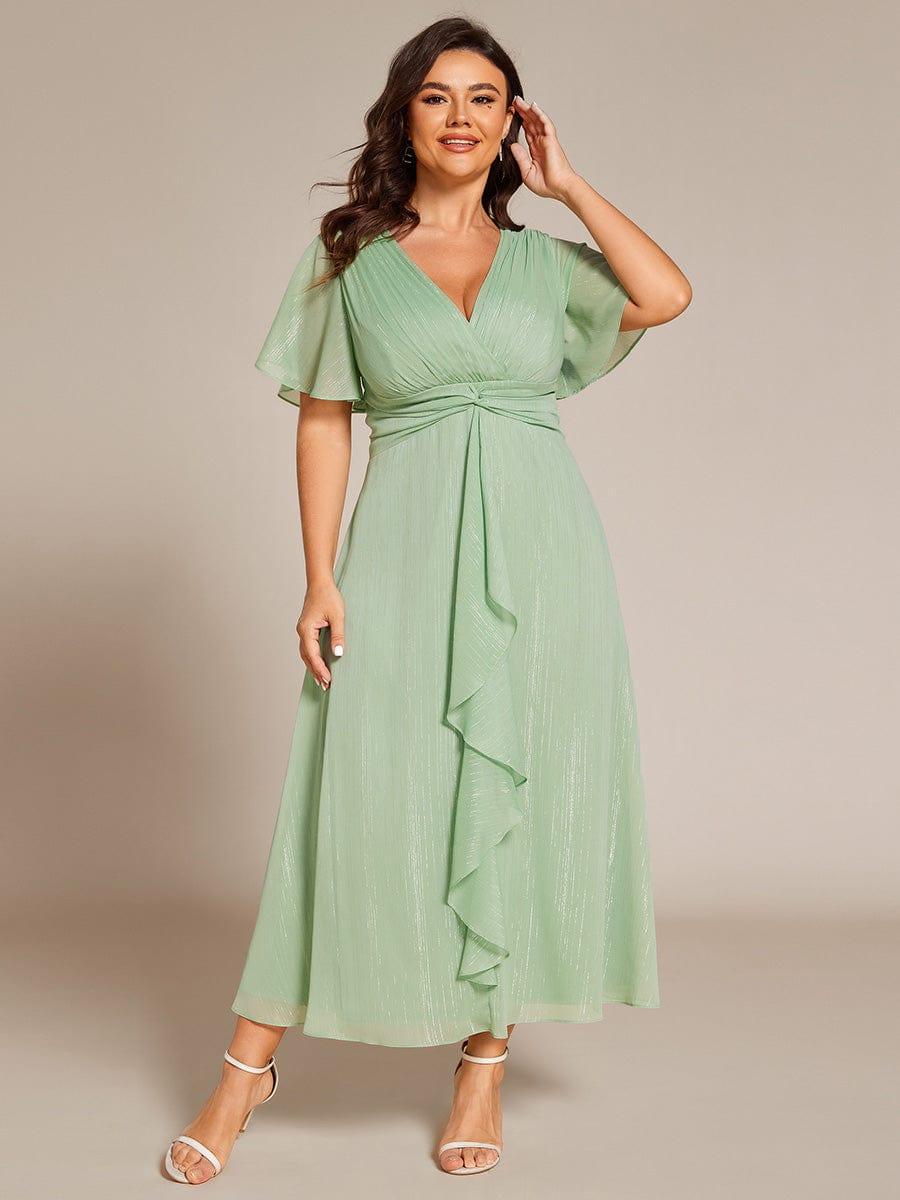 ever OPAHL|Glitter Short Sleeve A-Line Midi Wedding Guest Dress with Ruffled Hem