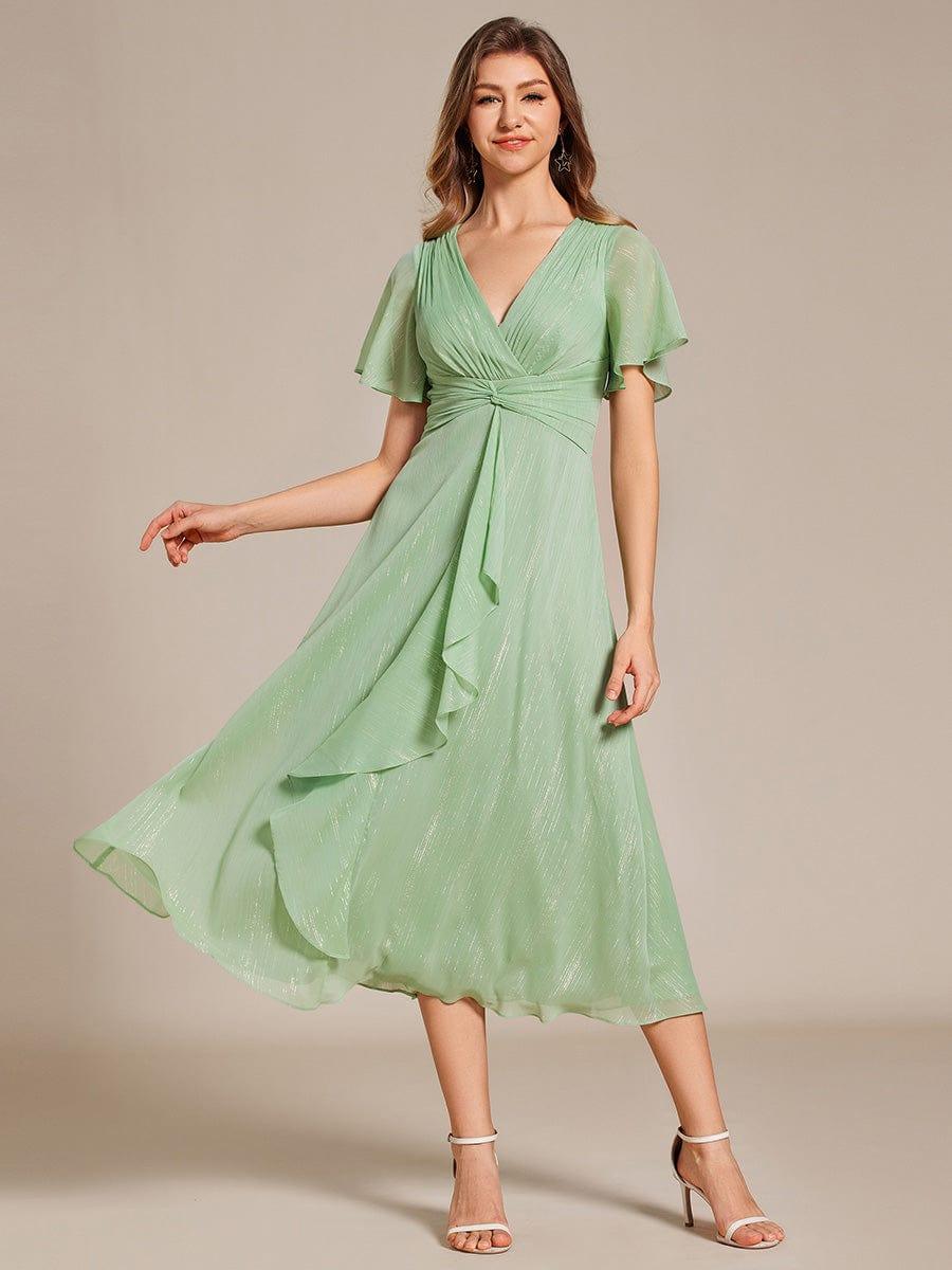ever OPAHL|Glitter Short Sleeve A-Line Midi Wedding Guest Dress with Ruffled Hem