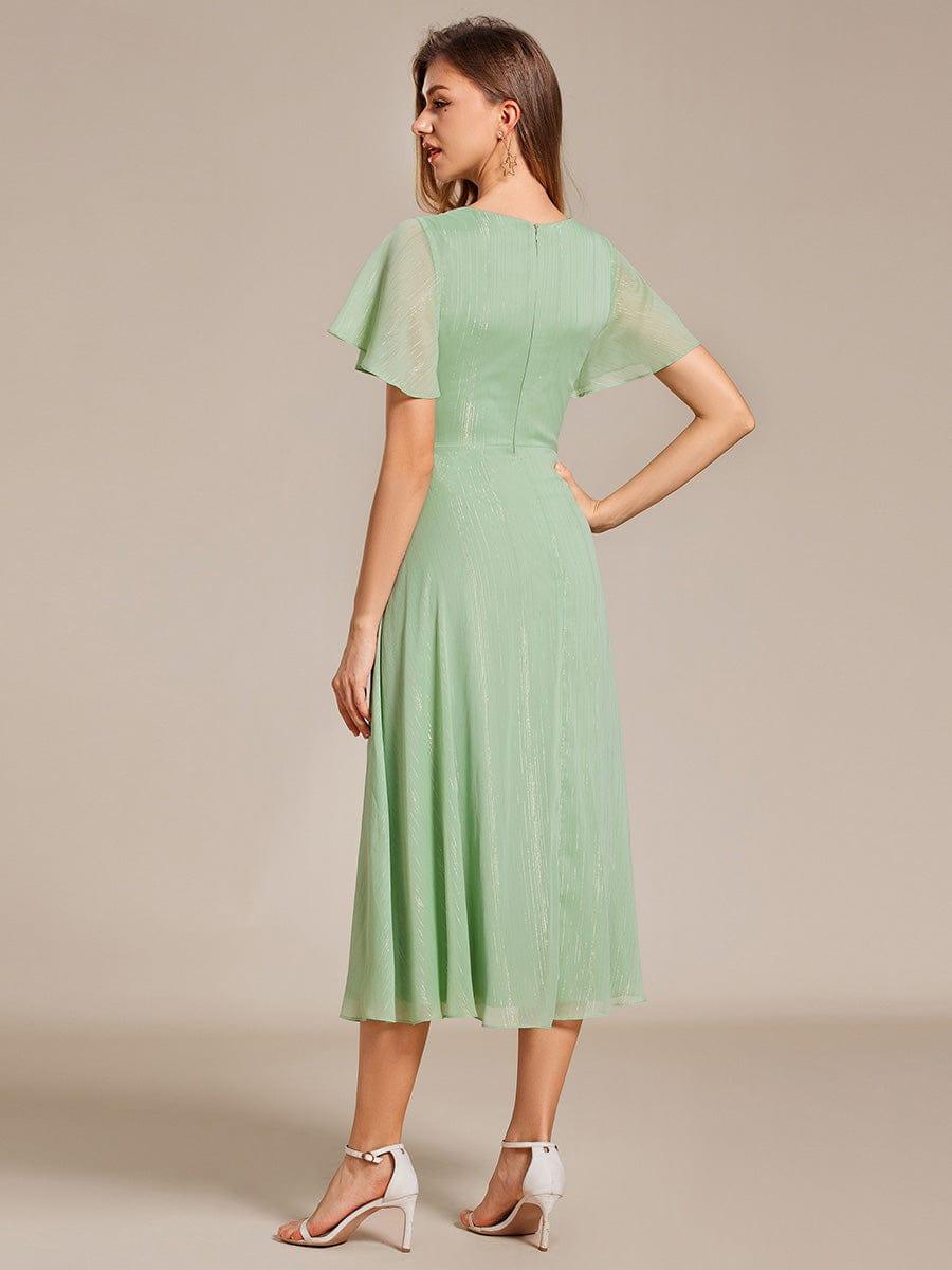 ever OPAHL|Glitter Short Sleeve A-Line Midi Wedding Guest Dress with Ruffled Hem