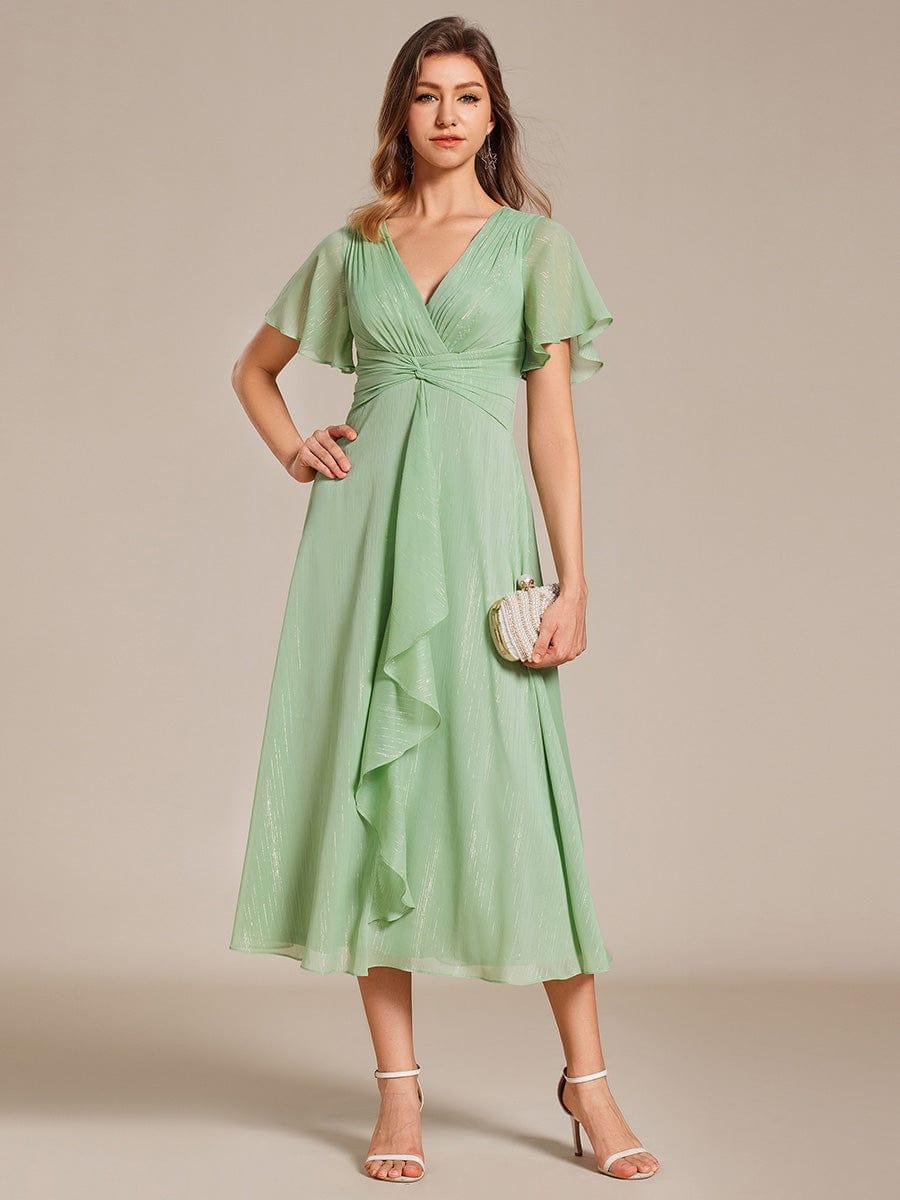 ever OPAHL|Glitter Short Sleeve A-Line Midi Wedding Guest Dress with Ruffled Hem