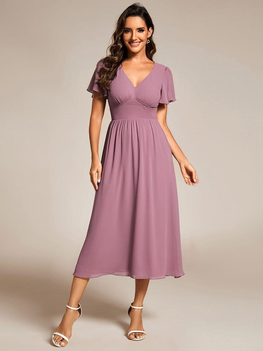 Midi V-Neck Empire Waist Ruffle Sleeves Wedding Guest Dress(Final Sale)