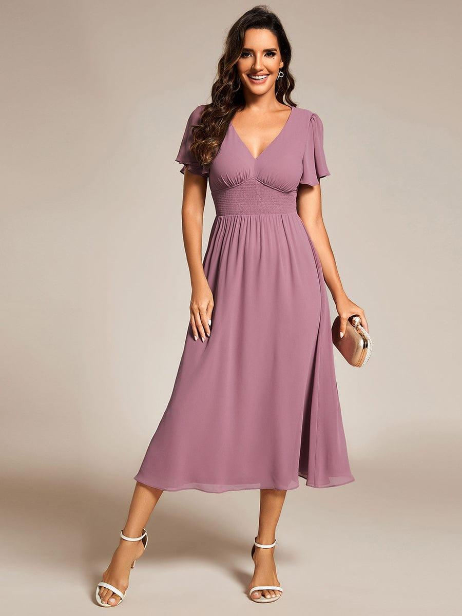 Midi V-Neck Empire Waist Ruffle Sleeves Wedding Guest Dress(Final Sale)