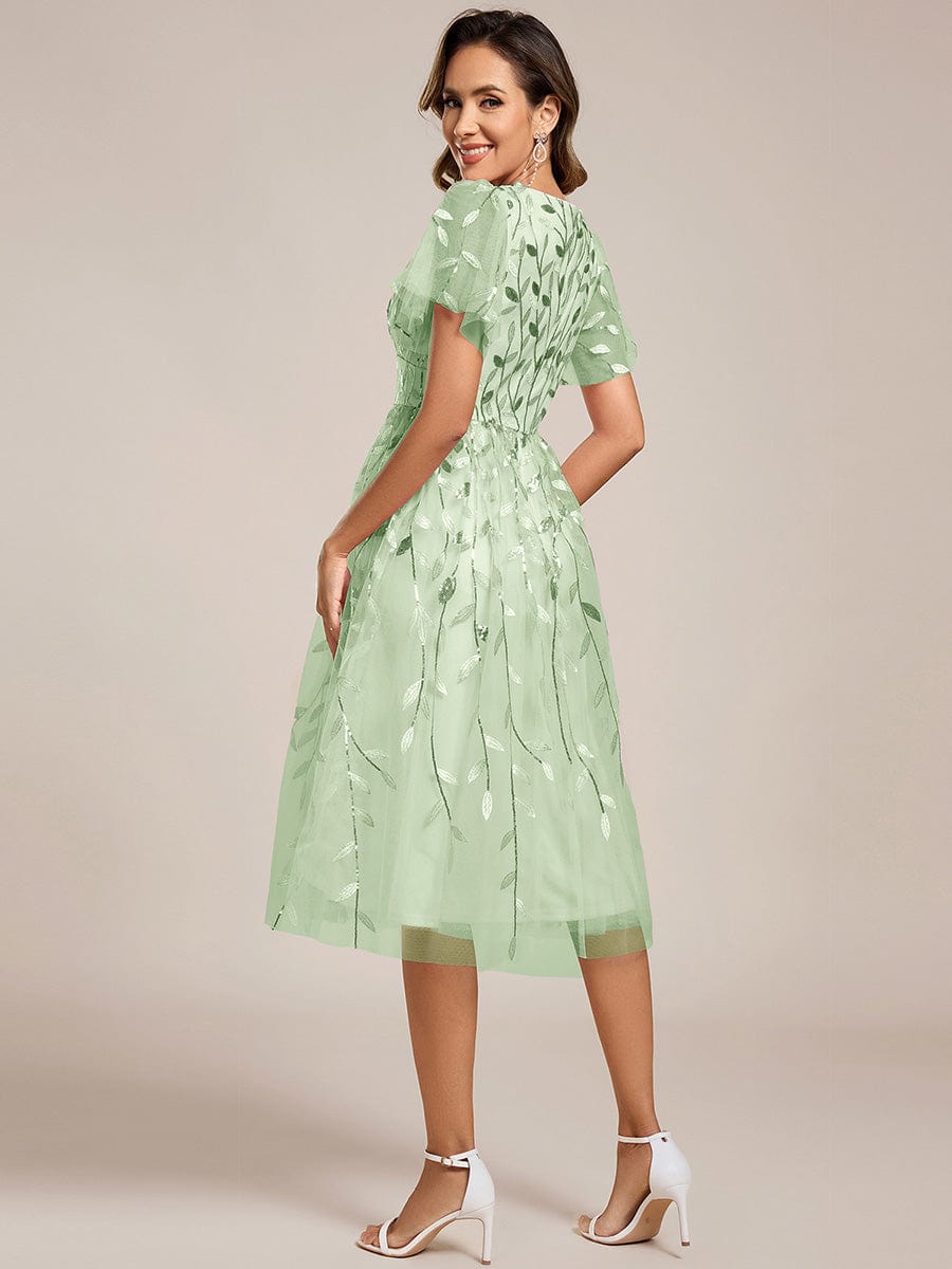 ever SIMONE|Leaf Sequin Short Sleeve Tulle Midi Wedding Guest Dress(Final Sale)