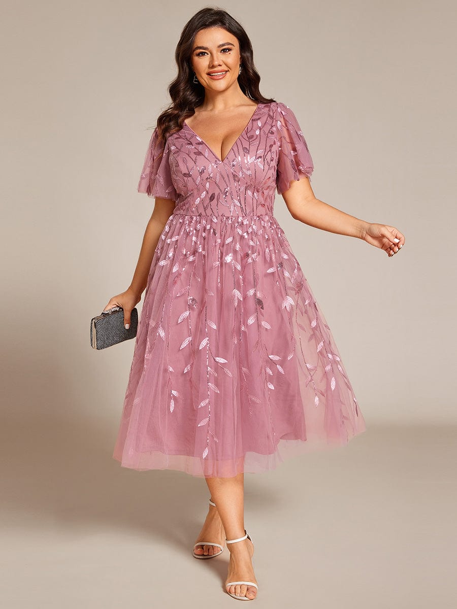 ever SIMONE|Leaf Sequin Short Sleeve Tulle Midi Wedding Guest Dress(Final Sale)