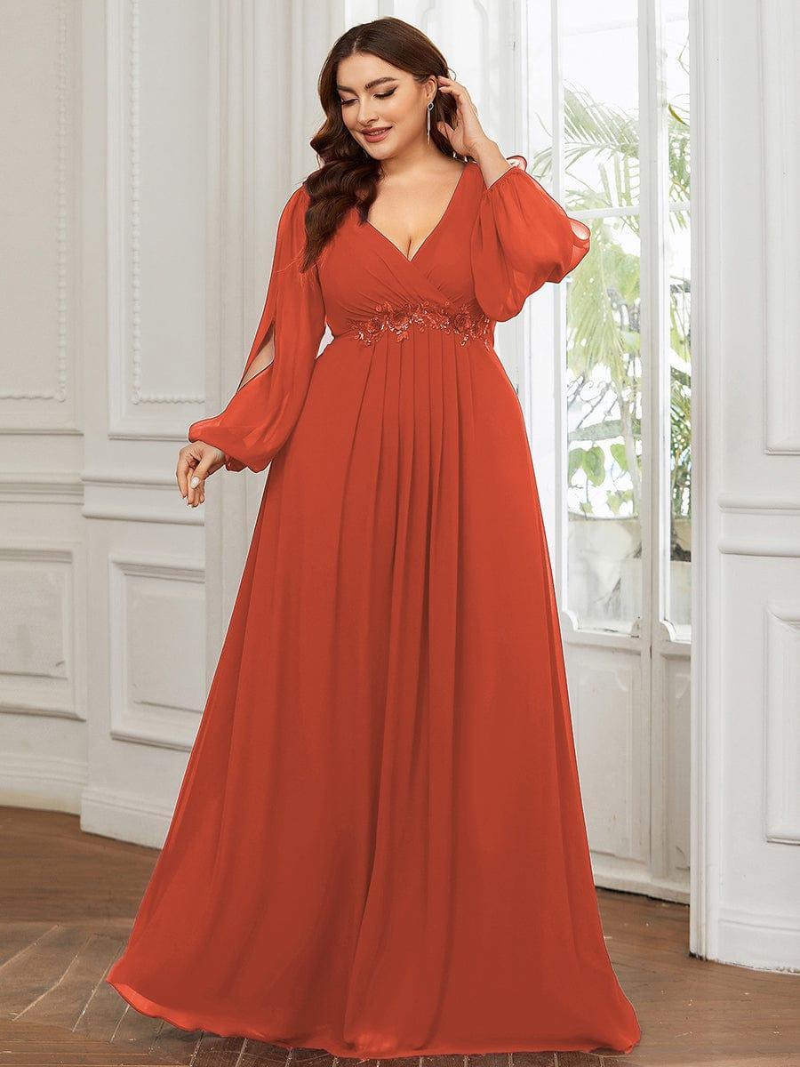 ever AMOUR|Lantern Long Slit Sleeve Deep V Applique Maxi Evening Dress